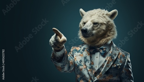 A white bear in a beautiful suit gesticulates with his hands. photo