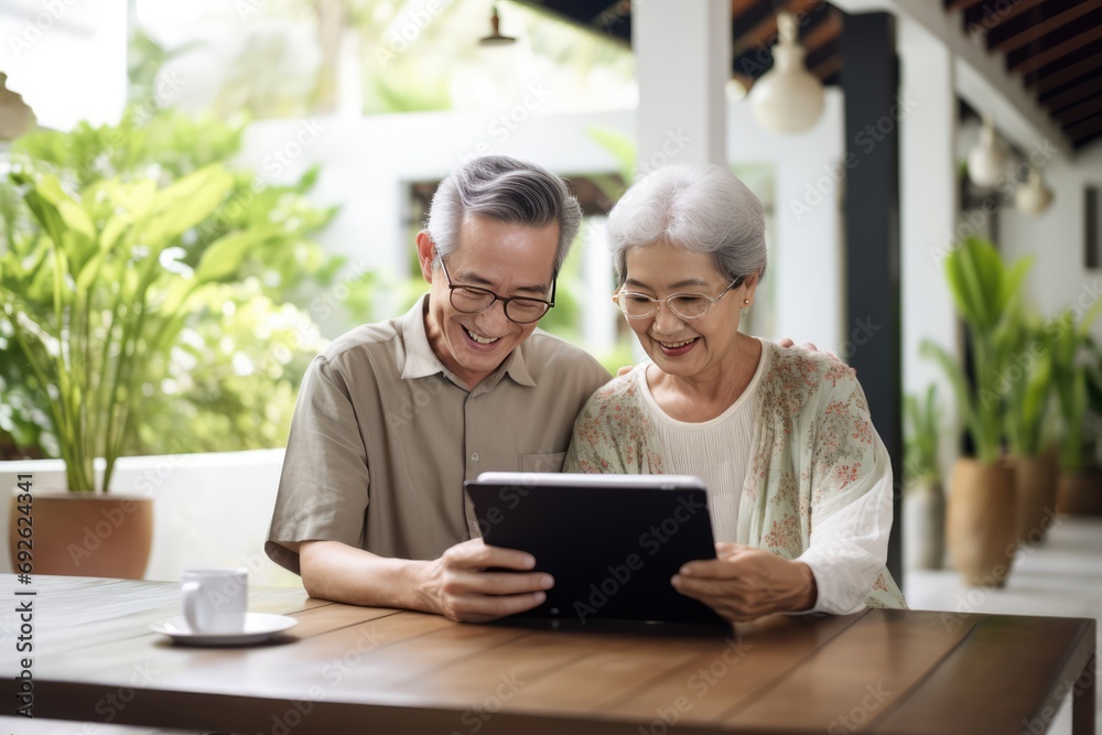 Senior Couple Using A Tablet To Plan Their Realistic Travel Itinerary Senior Couple Using A Tablet To Plan Their Realistic Travel Itinerary