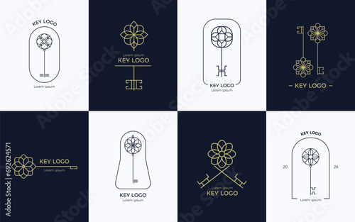 Keys logo. Endless looping ornate key badges for real estate company, decorative security symbol. Vector key decorative emblem set
