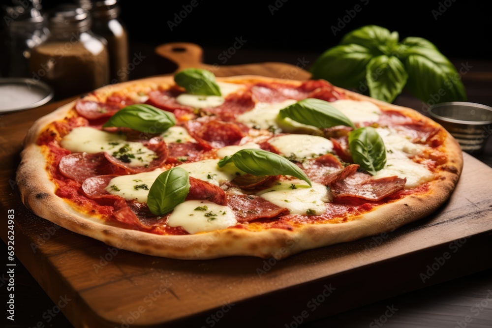 Traditional Italian Pizza: Classic Combination Of Mozzarella, Salami, And Basil To Delight Your Taste Buds