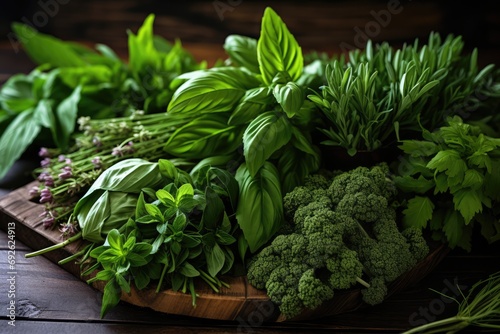 Assortment Of Fresh Herbs, Including Basil, Sage, And Thyme