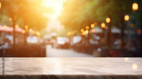 empty table marble blur background of street cafe with bokeh light, Advertisement, Print media, Illustration, Banner, for website, copy space, for word, template, presentation photo