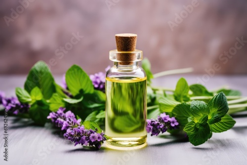 Bottle Of Essential Oil With Holy Basil And Basil Flowers