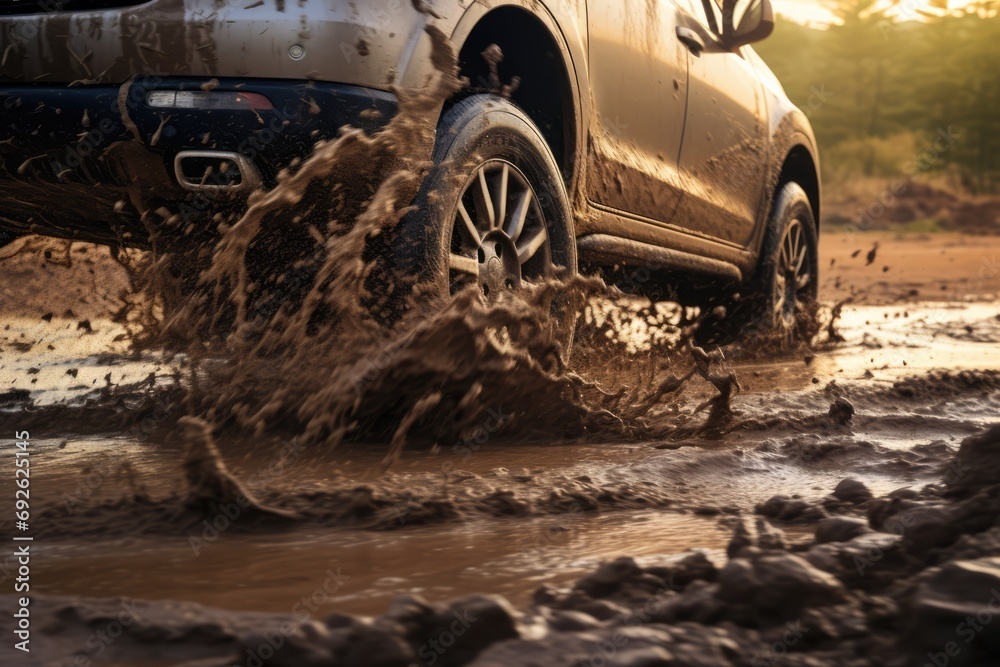 Navigating The Muddy Aftermath Of A Storm: Car Tires Spinning In The