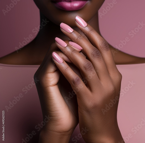 Young beauty african american woman with a perfect manicure  stylish pink nail polish on her lips  pensive poses.
