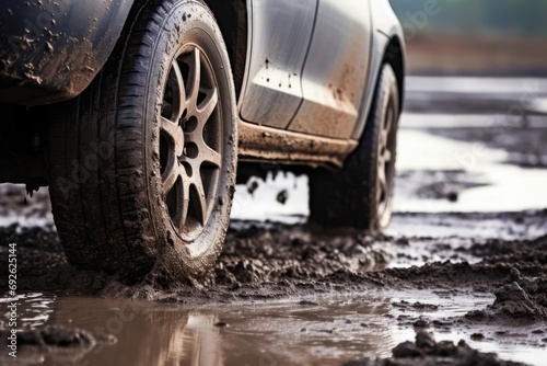 Navigating Through The Mud: Vehicle With Spinning Car Tires After A Storm © Anastasiia