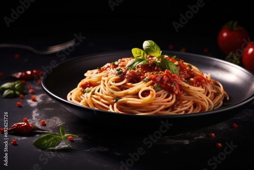 Dark Plate Of Italian Spaghetti Against Dark Background
