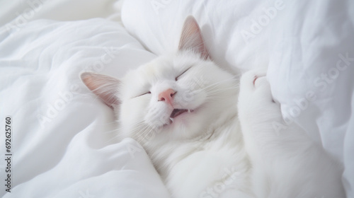 Cute little white kitten sleeps on fur white blanket. Generative AI © Fuji