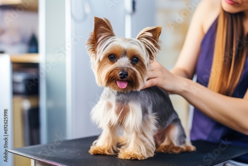 Professional Groomer Giving Trendy Haircut To Cute Dog