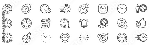 Time and clock line icons. Watch, timer, date, calendar etc. Handdrawn. Editable stroke photo