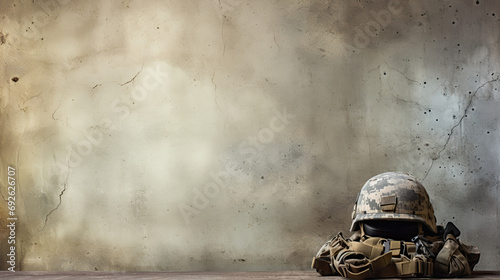 Military gear - helmet and armor folded on the ground. Grunge army background