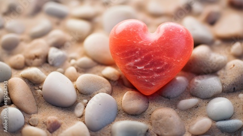 Top View of a light red Stone Heart in the Sand. Romantic Beach Backdrop