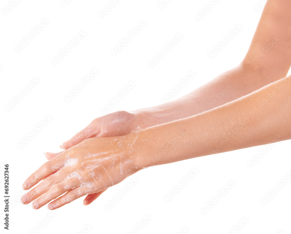 Naklejka premium Hygiene, soap and closeup of washing hands in studio for health, wellness or self care. Grooming, cosmetic and zoom of person or model clean skin to prevent germ, bacteria or dirt by white background