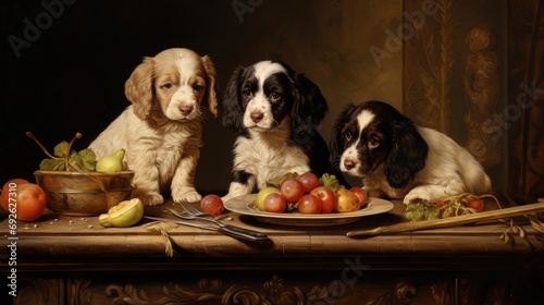 three of cute puppies dog sitting at the dinner table with lots of dishes © Svetlana