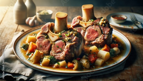 Photographic image of Osso Buco alla Milanese, showcasing cross-cut veal shanks braised with vegetables, white wine, and broth, garnished with gremolata 