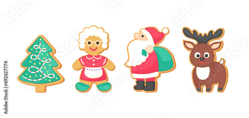 Cute gingerbread cookie set Christmas vector graphics collection. Holiday sugar cookies isolated on white background. Cartoon vector illustration. Gingerbread Santa, Mrs. Claus, Christmas tree, deer.