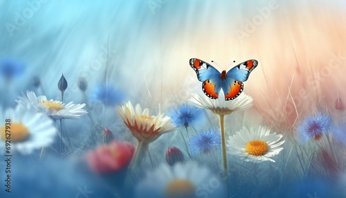 Butterfly in Sea of Flowers  Spring Wallpaper or Background - Space for Copy