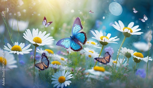 Butterfly in Sea of Flowers, Spring Wallpaper or Background - Space for Copy © Eggy