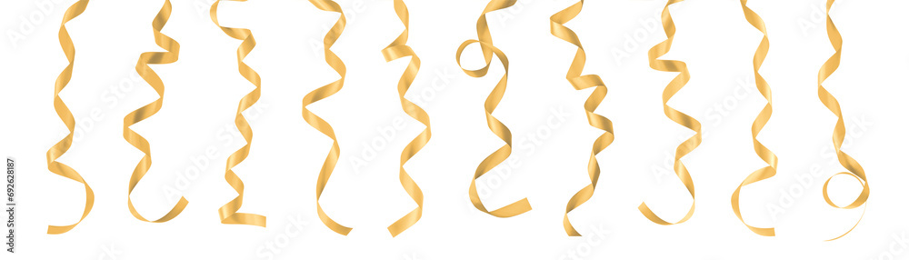 Gold ribbon satin bow confetti scroll set isolated on white background with clipping path for Christmas and wedding card design decoration Gold ribbon satin bow confetti scroll set isolated on white background with clipping path for Christmas and wedding card design decoration