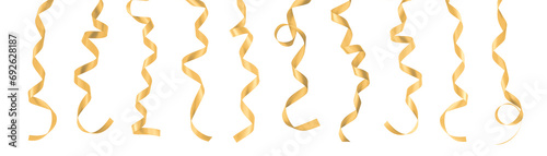 Gold ribbon satin bow confetti scroll set isolated on white background with clipping path for Christmas and wedding card design decoration photo