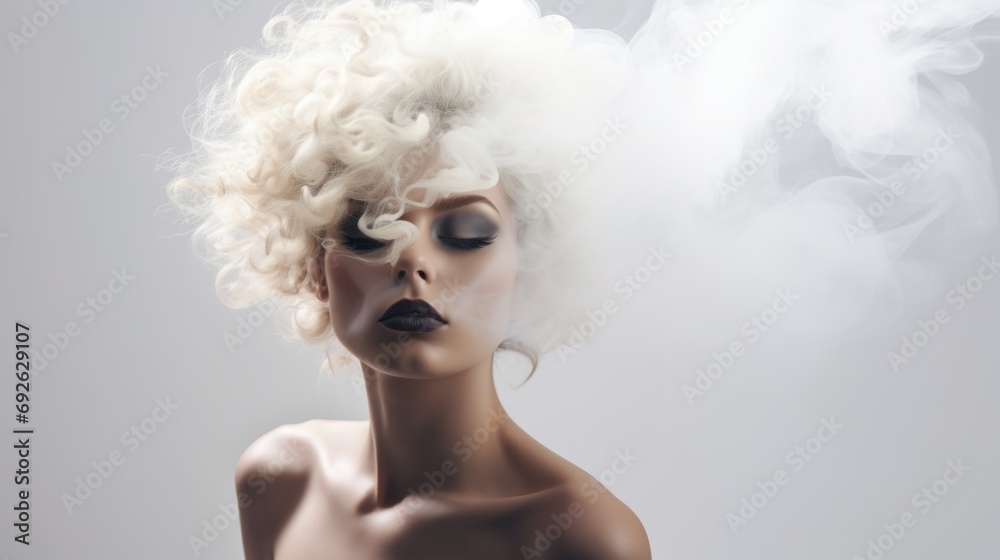 Fashion portrait of sensual female model with smoke dispersion. head with stylish hairstyle in tobacco smoke Fashion portrait of sensual female model with smoke dispersion. head with stylish hairstyle in tobacco smoke
