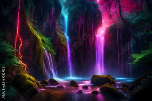 Fantasy on neon water fall in deep forest