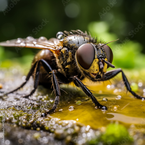 Macro photography of a fly sucking on fruit juice © c_ART_oons