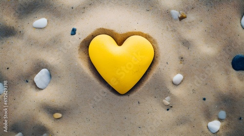 Top View of a yellow Stone Heart in the Sand. Romantic Beach Backdrop