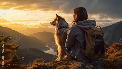 Młoda podróżniczka z plecakiem i psem na górskim szlaku. 