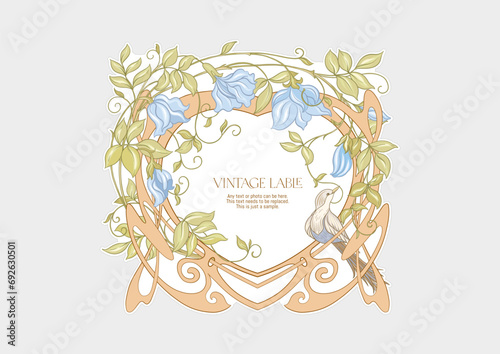Decorative flowers and bird in art nouveau style, vintage, old, retro style. Border, frame, template for product label, cosmetic packaging. Easy to edit. Vector illustration. In art nouveau style.