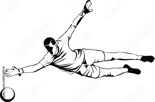 Cartoon Black and White Isolated Illustration Vector Of A Soccer Goalkeeper Diving To Catch the Ball