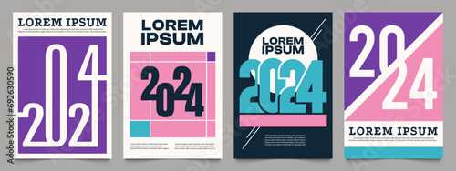 Poster 2024 concept. Annual calendar cover with trendy minimalistic geometric typography, colorful banner design. Vector illustration