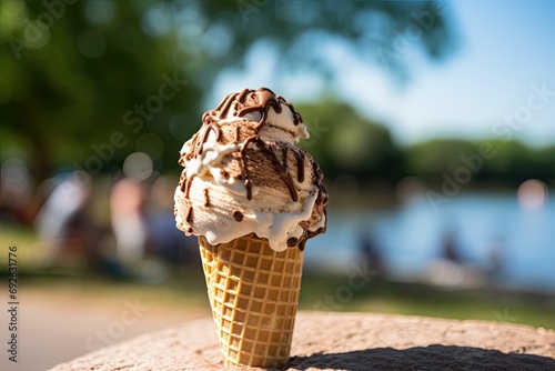 Close-up of a chocolate-covered ice cream cone, a delightful and refreshing summer treat