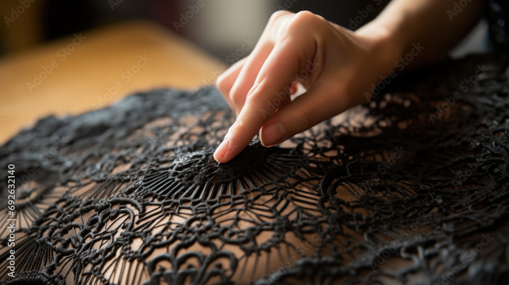 hands adjusting the intricate lace of a Spanish mantilla generative ai