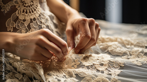 hands adjusting the intricate lace of a Spanish mantilla generative ai photo