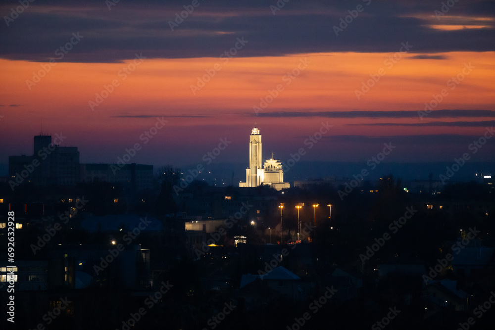 Sunset in Kaunas, Resurrection Church and City Panorama in the Evening