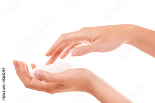 Hygiene, soap and closeup of washing hands in studio for health, wellness or selfcare. Grooming, cosmetic and zoom of person or model clean skin to prevent germs, bacteria or dirt by white background