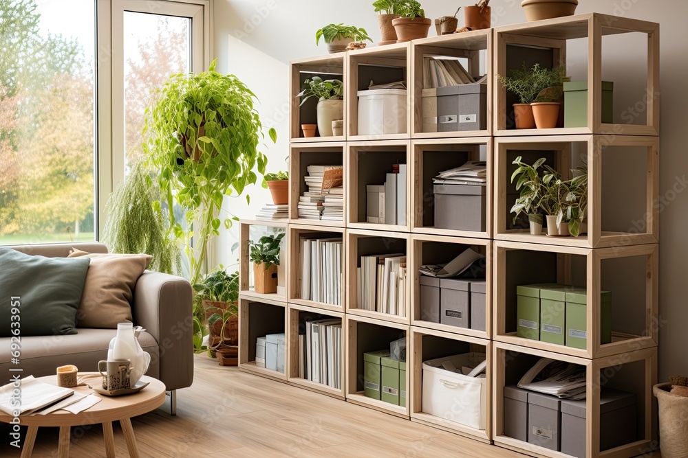 well organized home office with shelving units