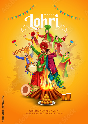 Indian festival Happy lohri with Lohri props, holiday Background, Punjabi celebration greeting card, vector illustration design.