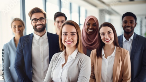 group of young business people with different ethnicity work together as a team photo
