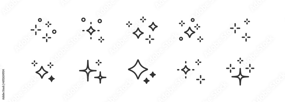 Star sparkles icon set, twinkling stars, clean, shine, shining burst, magic, artificial intelligence symbol. modern simple vector set.