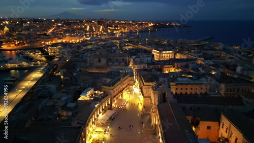 Syracuse, Sicily, Ortigia island, Italy. Cityscape Aerial view Night evening sunset. Siracusa