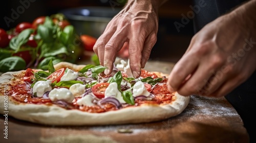 hands carefully placing ingredients on a classic Neapolitan pizza generative ai