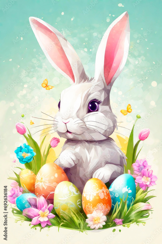 Happy easter greeting card with bunny, colourful eggs and flowers. Watercolor. Happy easter greeting card with bunny, colourful eggs and flowers. Watercolor.