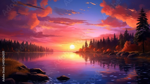 A breathtaking sunrise with vibrant hues of orange and pink, casting a warm glow over a calm lake.