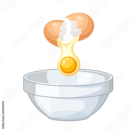 A broken chicken egg with raw liquid protein and dripping yolk in a transparent bowl. Breaking a chicken egg and whipping the yolk into a bowl. Adding an ingredient to a dish. Vector illustration