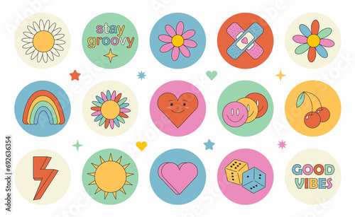 Groovy hippie 70s set. Funny cartoon flower, rainbow, peace, Love, heart, daisy, mushroom etc. Sticker pack in trendy retro psychedelic cartoon style. Isolated illustration. Flower power.