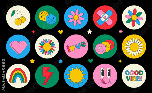 Groovy hippie 70s set. Funny cartoon flower, rainbow, peace, Love, heart, daisy, mushroom etc. Sticker pack in trendy retro psychedelic cartoon style. Isolated illustration. Flower power.