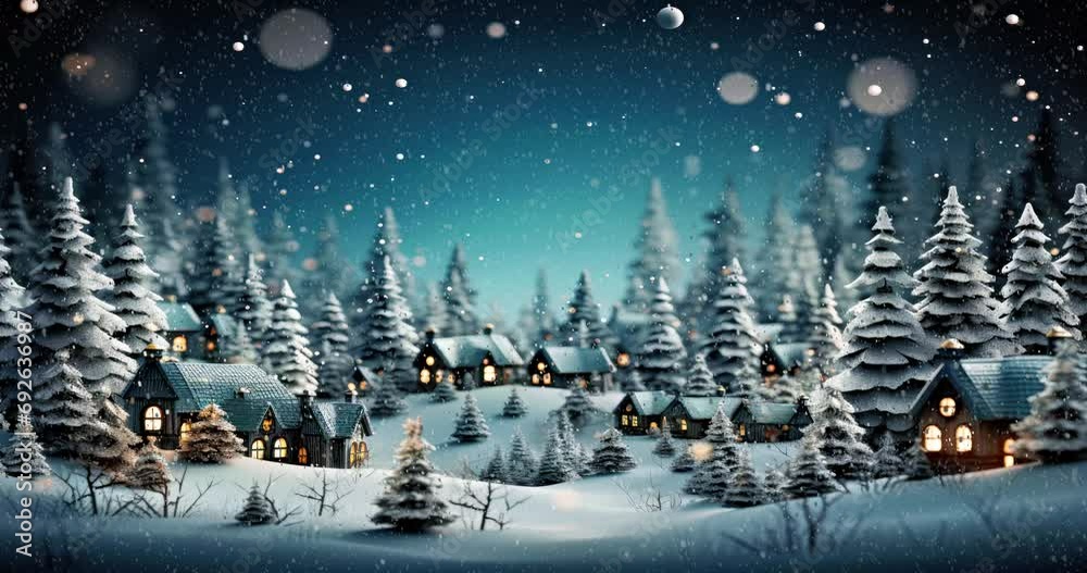 Village et sapin de noël sous la neige