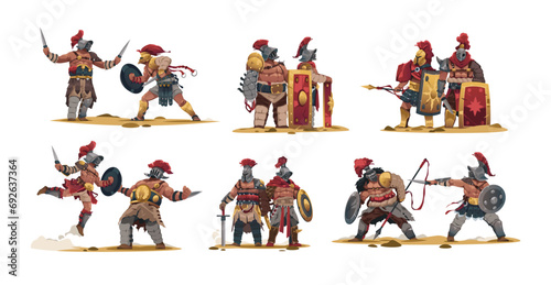 Ancient fighting warriors. Cartoon ancient roman soldier characters with armor and weapons, flat historical barbarian characters fighting. Vector set